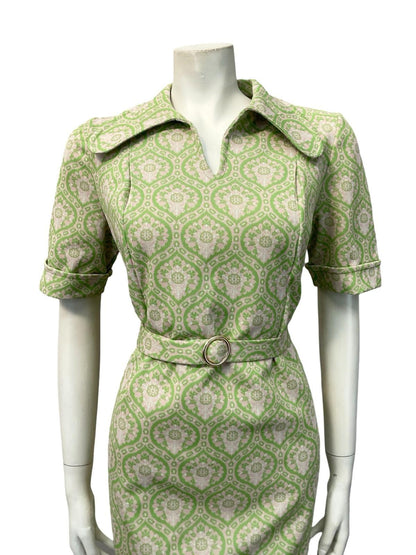 VTG 60S 70S MOD GEOMETRIC BEIGE GREEN TILE PRINT DOG EAR COLLAR BELTED DRESS 14
