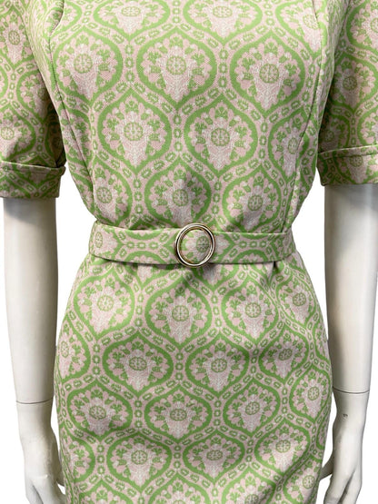 VTG 60S 70S MOD GEOMETRIC BEIGE GREEN TILE PRINT DOG EAR COLLAR BELTED DRESS 14