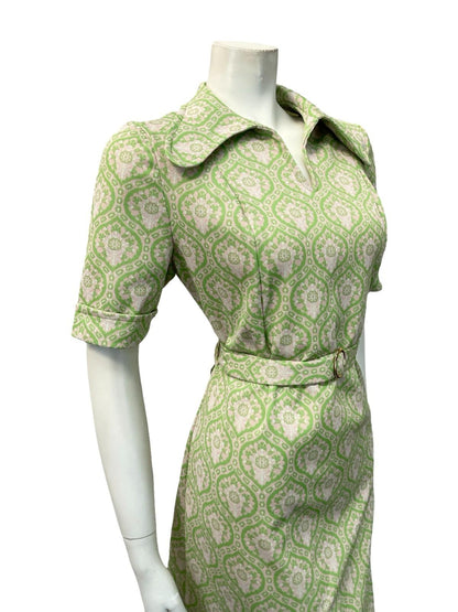 VTG 60S 70S MOD GEOMETRIC BEIGE GREEN TILE PRINT DOG EAR COLLAR BELTED DRESS 14