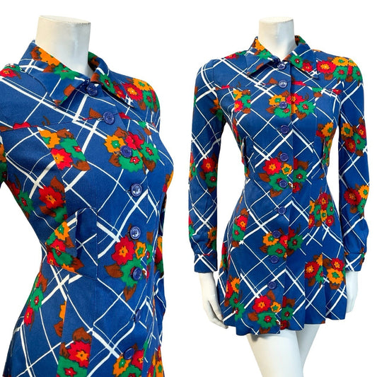 VTG 60S 70S MOD GOGO BLUE WHITE RED GREEN FLORAL PLAID DAGGER SHIRT DRESS 6 8