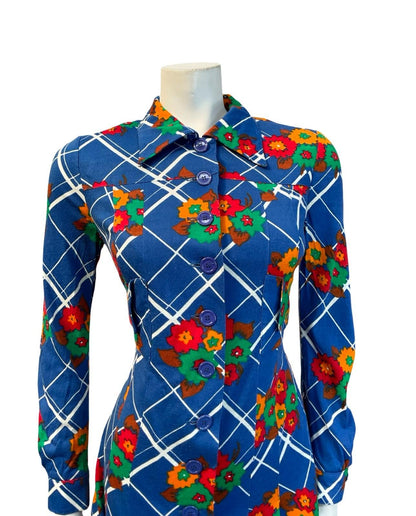 VTG 60S 70S MOD GOGO BLUE WHITE RED GREEN FLORAL PLAID DAGGER SHIRT DRESS 6 8