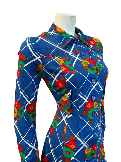 VTG 60S 70S MOD GOGO BLUE WHITE RED GREEN FLORAL PLAID DAGGER SHIRT DRESS 6 8