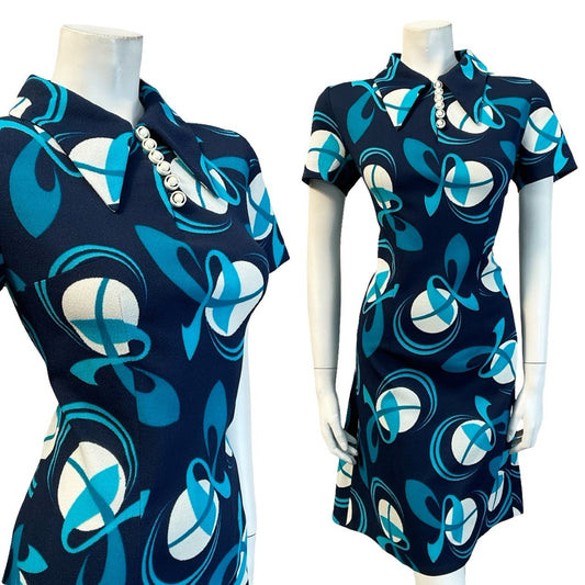 VTG 60S 70S NAVY BLUE WHITE GEOMETRIC MOD DAGGER COLLAR SHIFT MINI DRESS 12