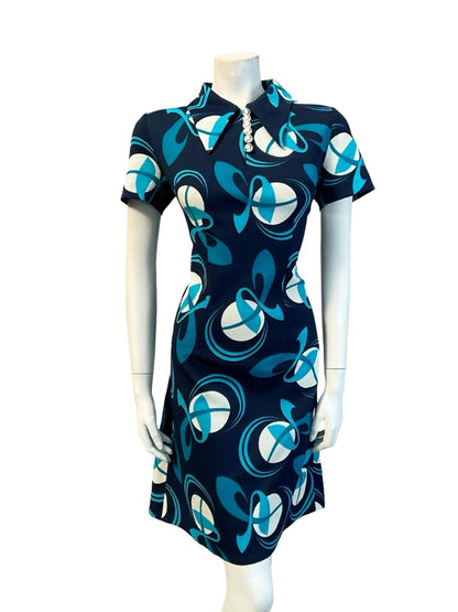 VTG 60S 70S NAVY BLUE WHITE GEOMETRIC MOD DAGGER COLLAR SHIFT MINI DRESS 12