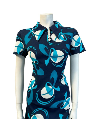 VTG 60S 70S NAVY BLUE WHITE GEOMETRIC MOD DAGGER COLLAR SHIFT MINI DRESS 12
