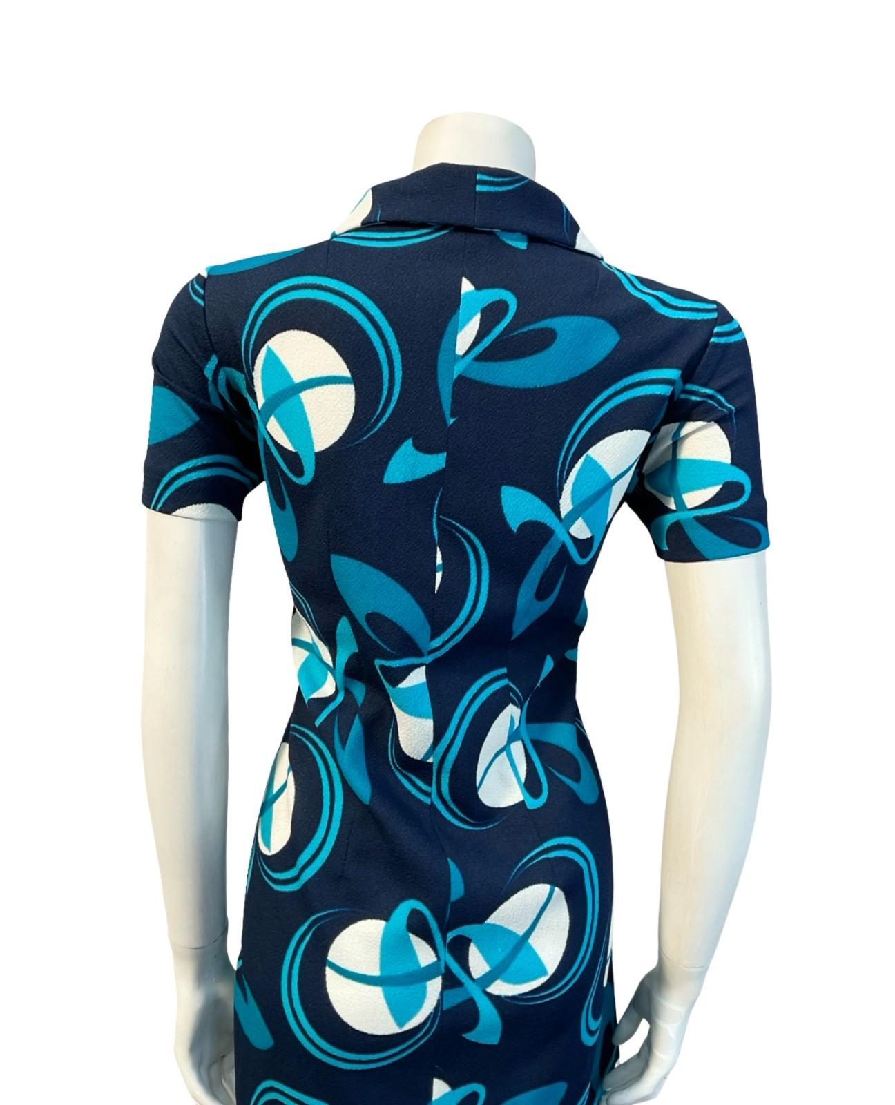 VTG 60S 70S NAVY BLUE WHITE GEOMETRIC MOD DAGGER COLLAR SHIFT MINI DRESS 12