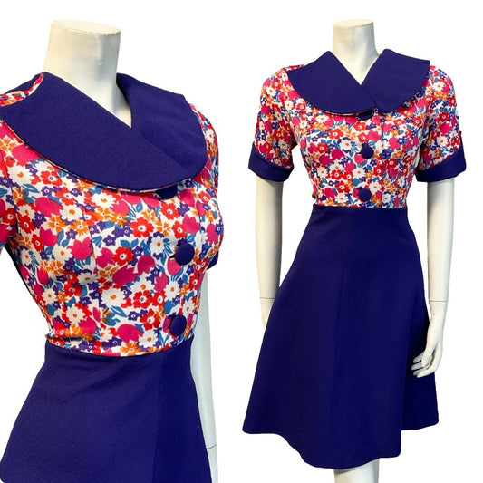 VTG 60S 70S PURPLE PINK WHITE BLUE FLORAL  SWING ROUNDED LAPEL SHIRT DRESS 6