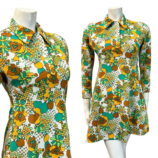 VTG 60S 70S WHITE GREEN YELLOW FLORAL MOD DOTTY GEOMETRIC SHIFT DRESS 10