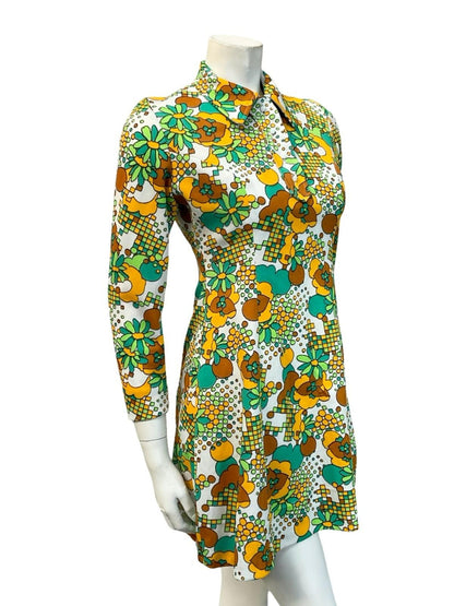 VTG 60S 70S WHITE GREEN YELLOW FLORAL MOD DOTTY GEOMETRIC SHIFT DRESS 10