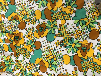 VTG 60S 70S WHITE GREEN YELLOW FLORAL MOD DOTTY GEOMETRIC SHIFT DRESS 10