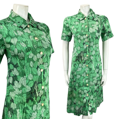 VTG 60S 70S JAPANESE GREEN BLACK TREE LEAFY DAGGER COLLAR SHIFT DRESS 12