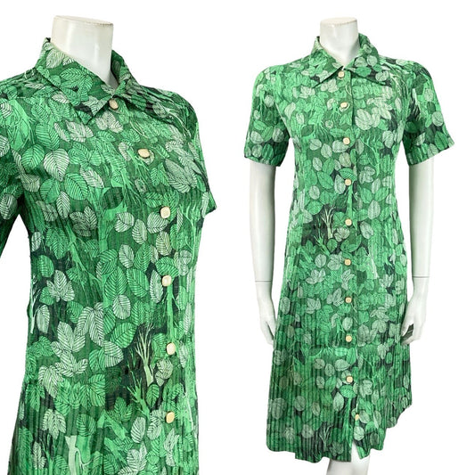 VTG 60S 70S JAPANESE GREEN BLACK TREE LEAFY DAGGER COLLAR SHIFT DRESS 12