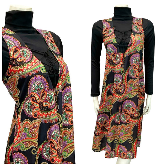 VTG 60S 70S BLACK RED PURPLE GREEN PSYCHEDELIC MANDALA LACE UP SMOCK PINAFORE 10