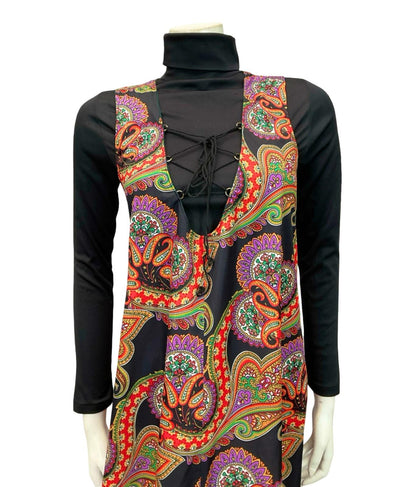 VTG 60S 70S BLACK RED PURPLE GREEN PSYCHEDELIC MANDALA LACE UP SMOCK PINAFORE 10