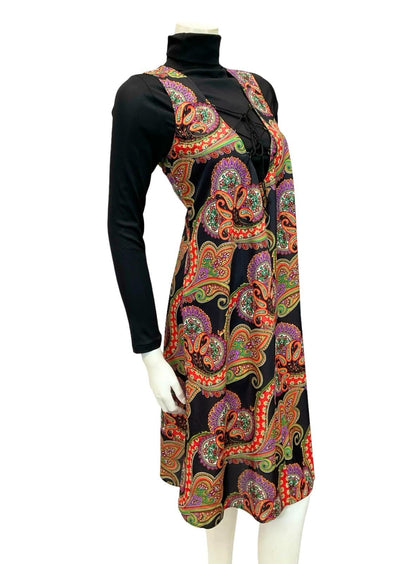 VTG 60S 70S BLACK RED PURPLE GREEN PSYCHEDELIC MANDALA LACE UP SMOCK PINAFORE 10