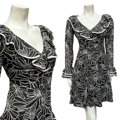 VTG 70S BLACK WHITE FLORAL RUFFLE MOD V NECK EMPIRE SKATER FLOATY MINI DRESS 12
