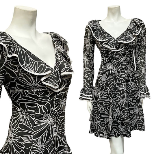 VTG 70S BLACK WHITE FLORAL RUFFLE MOD V NECK EMPIRE SKATER FLOATY MINI DRESS 12
