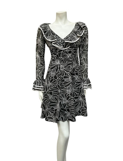 VTG 70S BLACK WHITE FLORAL RUFFLE MOD V NECK EMPIRE SKATER FLOATY MINI DRESS 12