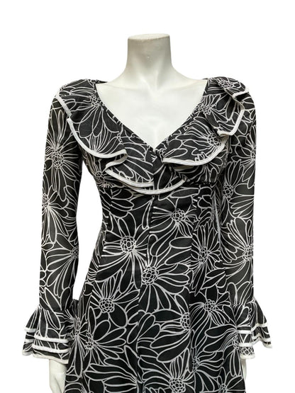 VTG 70S BLACK WHITE FLORAL RUFFLE MOD V NECK EMPIRE SKATER FLOATY MINI DRESS 12
