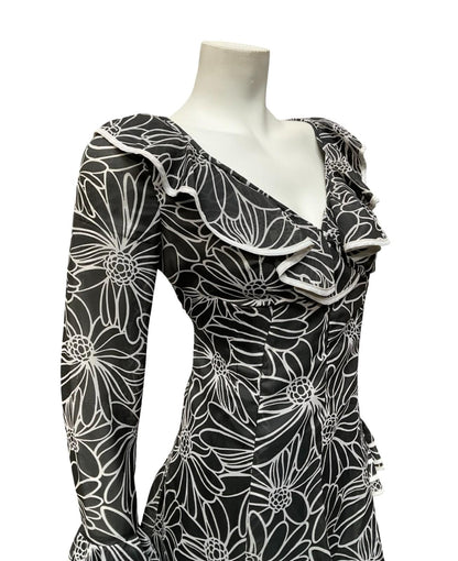 VTG 70S BLACK WHITE FLORAL RUFFLE MOD V NECK EMPIRE SKATER FLOATY MINI DRESS 12