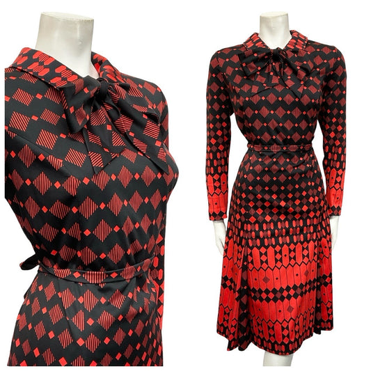 VTG 70S BLACK RED DIAMOND GEOMETRIC DAGGER PUSSYBOW TIE WAIST SHIRT DRESS 12