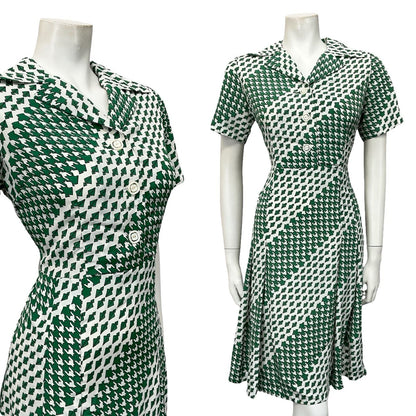 VTG 60S 70S WHITE GREEN GEOMETRIC HOUNDSTOOTH PLEATED SHIRT DRESS 12