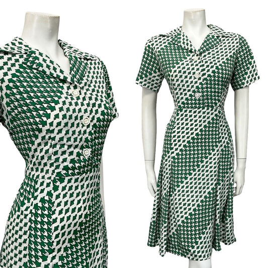 VTG 60S 70S WHITE GREEN GEOMETRIC HOUNDSTOOTH PLEATED SHIRT DRESS 12
