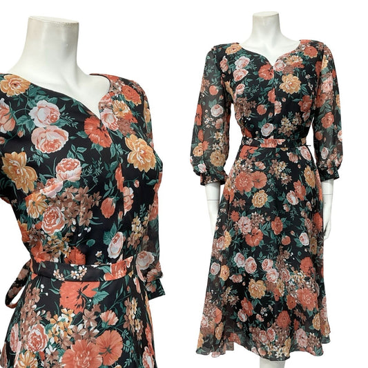 VTG 70S BLACK PINK ORNGE GREEN ROSE FLORAL SWEETHEART TIE WAIST TEA DRESS 10 12