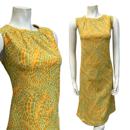 VTG 60S MOD PSYCHEDELIC DOTTY SWIRL GREEN ORANGE YELLOW SHIFT MIDI DRESS 12