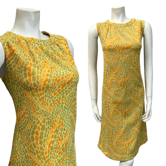 VTG 60S MOD PSYCHEDELIC DOTTY SWIRL GREEN ORANGE YELLOW SHIFT MIDI DRESS 12