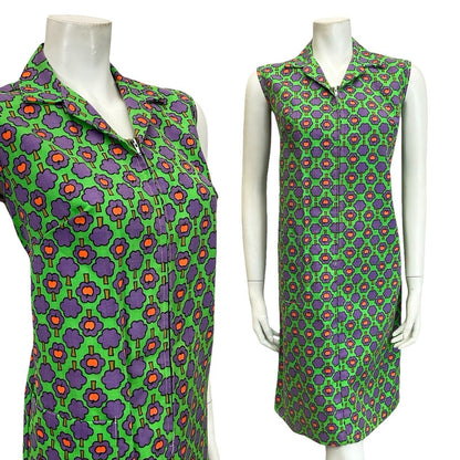 VTG 60S MOD GEOMETRIC GREEN PURPLE RED ZIP UP TREE APPLE SHIFT SHIRT DRESS 12