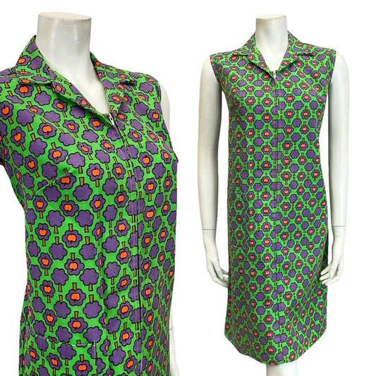 VTG 60S MOD GEOMETRIC GREEN PURPLE RED ZIP UP TREE APPLE SHIFT SHIRT DRESS 12