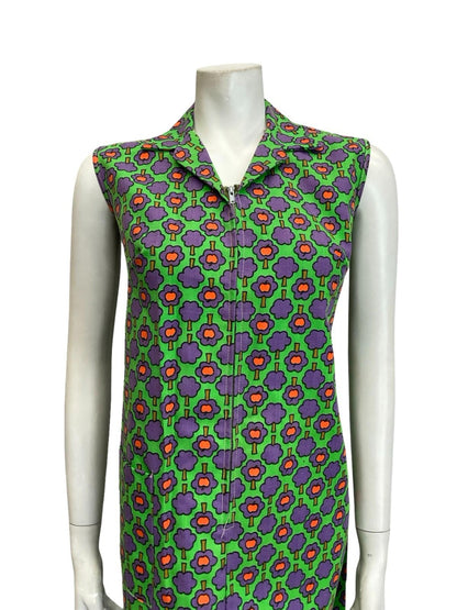 VTG 60S MOD GEOMETRIC GREEN PURPLE RED ZIP UP TREE APPLE SHIFT SHIRT DRESS 12