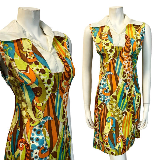 VTG 60S ORANGE BROWN BLUE GREEN WHITE PSYCHEDELIC MOD SHIFT MINI DRESS 14