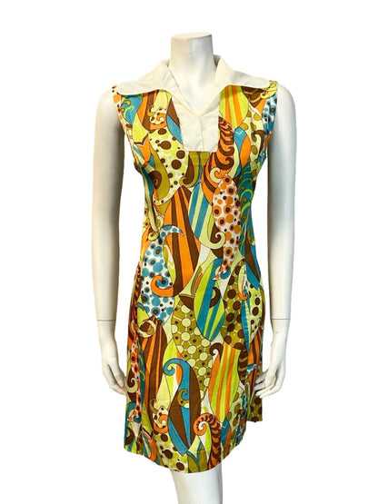 VTG 60S ORANGE BROWN BLUE GREEN WHITE PSYCHEDELIC MOD SHIFT MINI DRESS 14