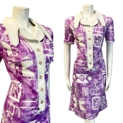 VTG 60S PURPLE WHITE GEOMETRIC DOG EAR NOTCH LAPEL COLLAR SHIRT DRESS 16 14