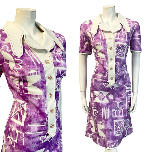 VTG 60S PURPLE WHITE GEOMETRIC DOG EAR NOTCH LAPEL COLLAR SHIRT DRESS 16 14