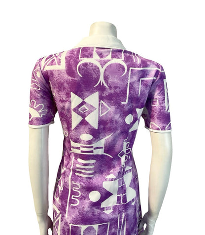VTG 60S PURPLE WHITE GEOMETRIC DOG EAR NOTCH LAPEL COLLAR SHIRT DRESS 16 14