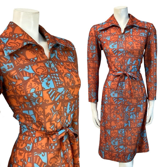 VTG 70S BROWN BLYE PSYCHEDELIC TILE PRINT OPEN DAGGER COLLAR TIE WAIST DRESS 10