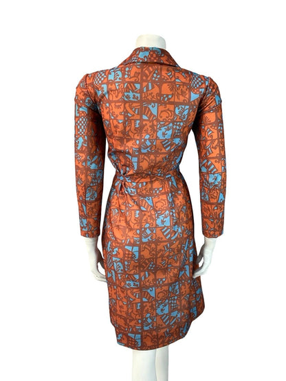 VTG 70S BROWN BLYE PSYCHEDELIC TILE PRINT OPEN DAGGER COLLAR TIE WAIST DRESS 10