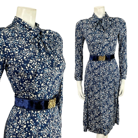 VTG 70S NAVY BLUE WHITE GOLD FLORAL ROSE PUSSYBOW BELT A LINE MIDI DRESS XS 6