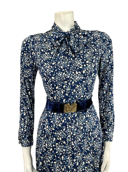 VTG 70S NAVY BLUE WHITE GOLD FLORAL ROSE PUSSYBOW BELT A LINE MIDI DRESS XS 6