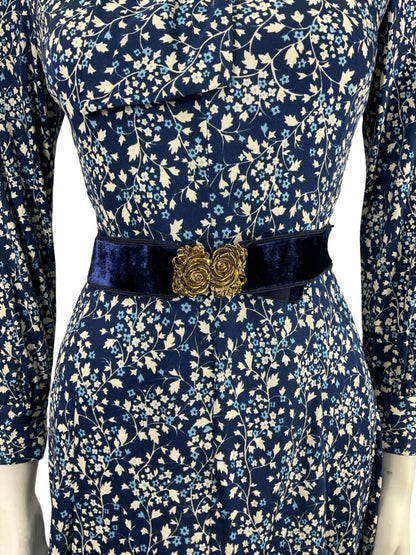 VTG 70S NAVY BLUE WHITE GOLD FLORAL ROSE PUSSYBOW BELT A LINE MIDI DRESS XS 6