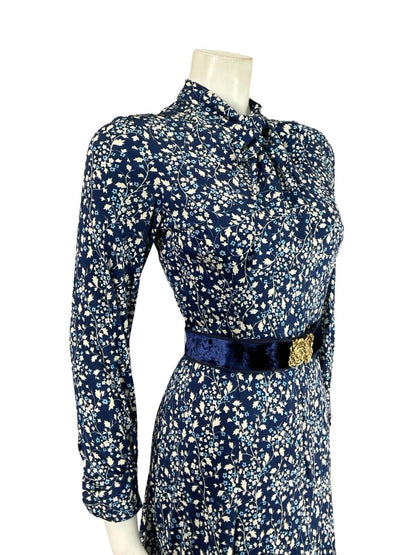 VTG 70S NAVY BLUE WHITE GOLD FLORAL ROSE PUSSYBOW BELT A LINE MIDI DRESS XS 6