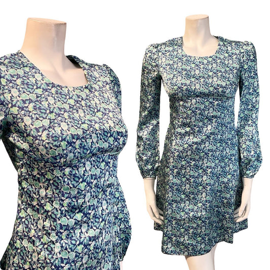 VTG 60S MOD EMPIRE BLUE GREEN WHITE FLORAL LEAFY MINI DRESS XS 6