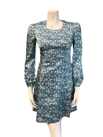 VTG 60S MOD EMPIRE BLUE GREEN WHITE FLORAL LEAFY MINI DRESS XS 6