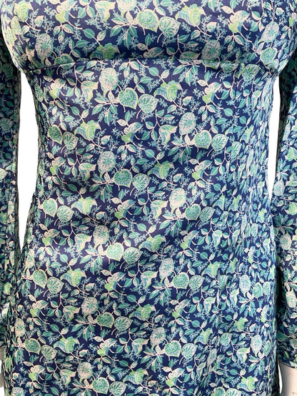 VTG 60S MOD EMPIRE BLUE GREEN WHITE FLORAL LEAFY MINI DRESS XS 6