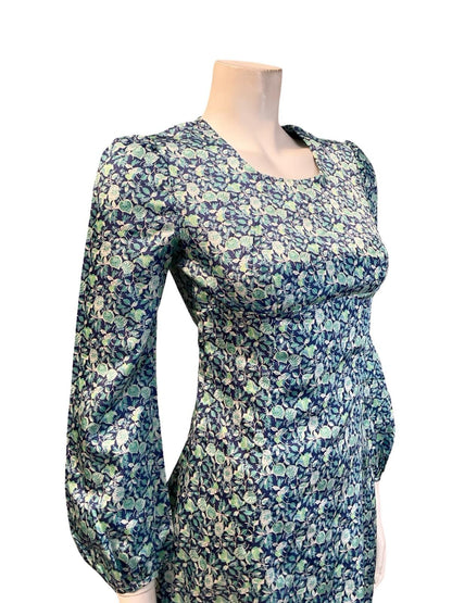 VTG 60S MOD EMPIRE BLUE GREEN WHITE FLORAL LEAFY MINI DRESS XS 6