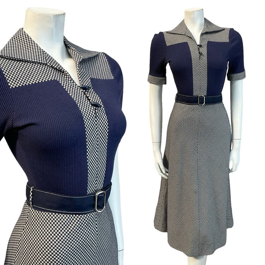 VTG 70S CANDA NAVY BLUE WHITE WOOL KNIT OPEN COLLAR BELTED A LINE MIDI DRESS 6