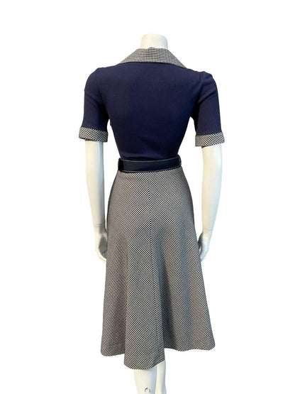 VTG 70S CANDA NAVY BLUE WHITE WOOL KNIT OPEN COLLAR BELTED A LINE MIDI DRESS 6